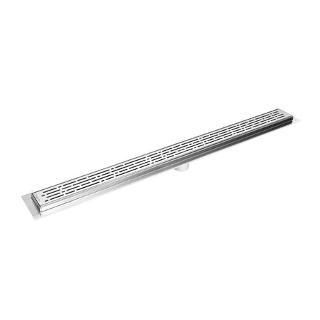 Brushed Nickel linear floor drain cover on a white background