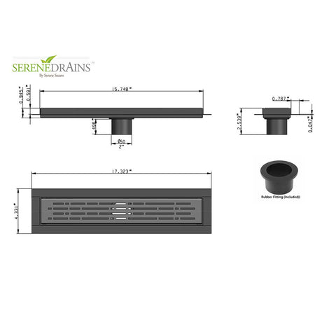 Measurement chart of a drain with dimensions labeled, featuring the Serene Drains brand.