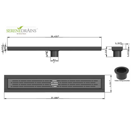 Technical drawing of a drain with dimensions and Serene Drains branding.