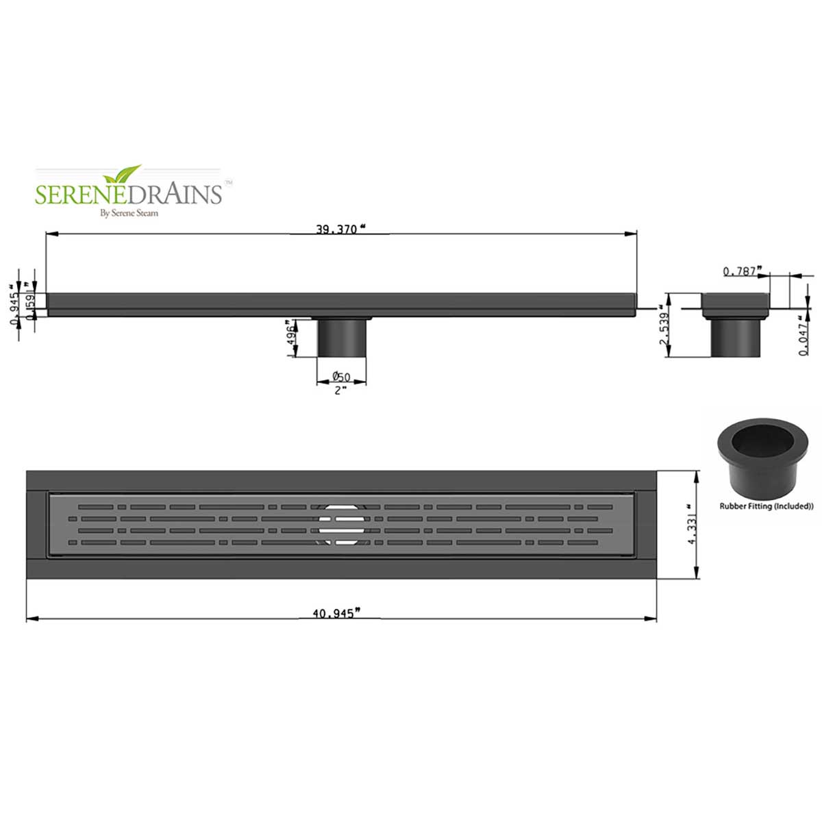 Technical drawing of a drain with dimensions and Serene Drains branding.