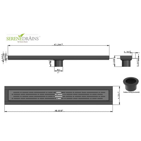 Measurement chart of a drain with Serene Drains branding on a white background
