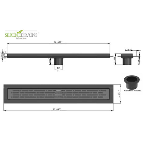 Measurement diagram of a drain with Serene Drains branding on a white background