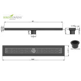 Technical drawing of a drain system with dimensions and Serene Drains branding.