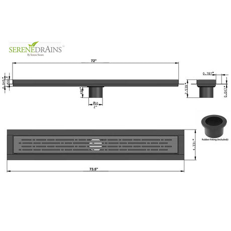 Technical drawing of a drain system with dimensions and Serene Drains branding.