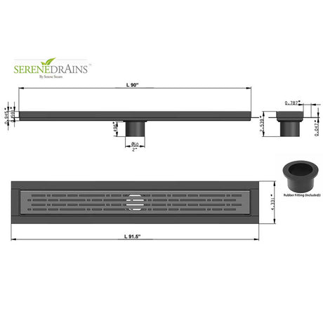 Technical drawing of a drain with dimensions and Serene Drains branding.