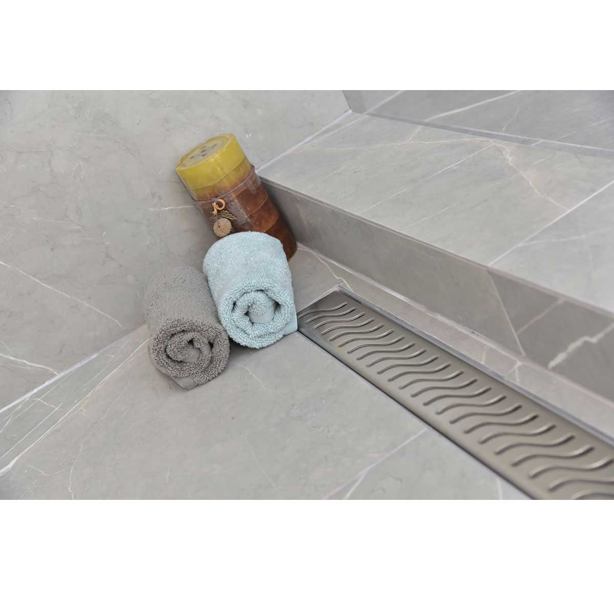 SereneDrains Linear Shower Drain Offset Outlet Ocean Wave - Brushed 59