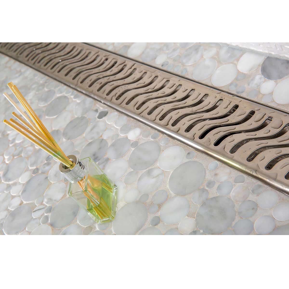 SereneDrains Linear Shower Drain Offset Outlet Ocean Wave - Brushed 59