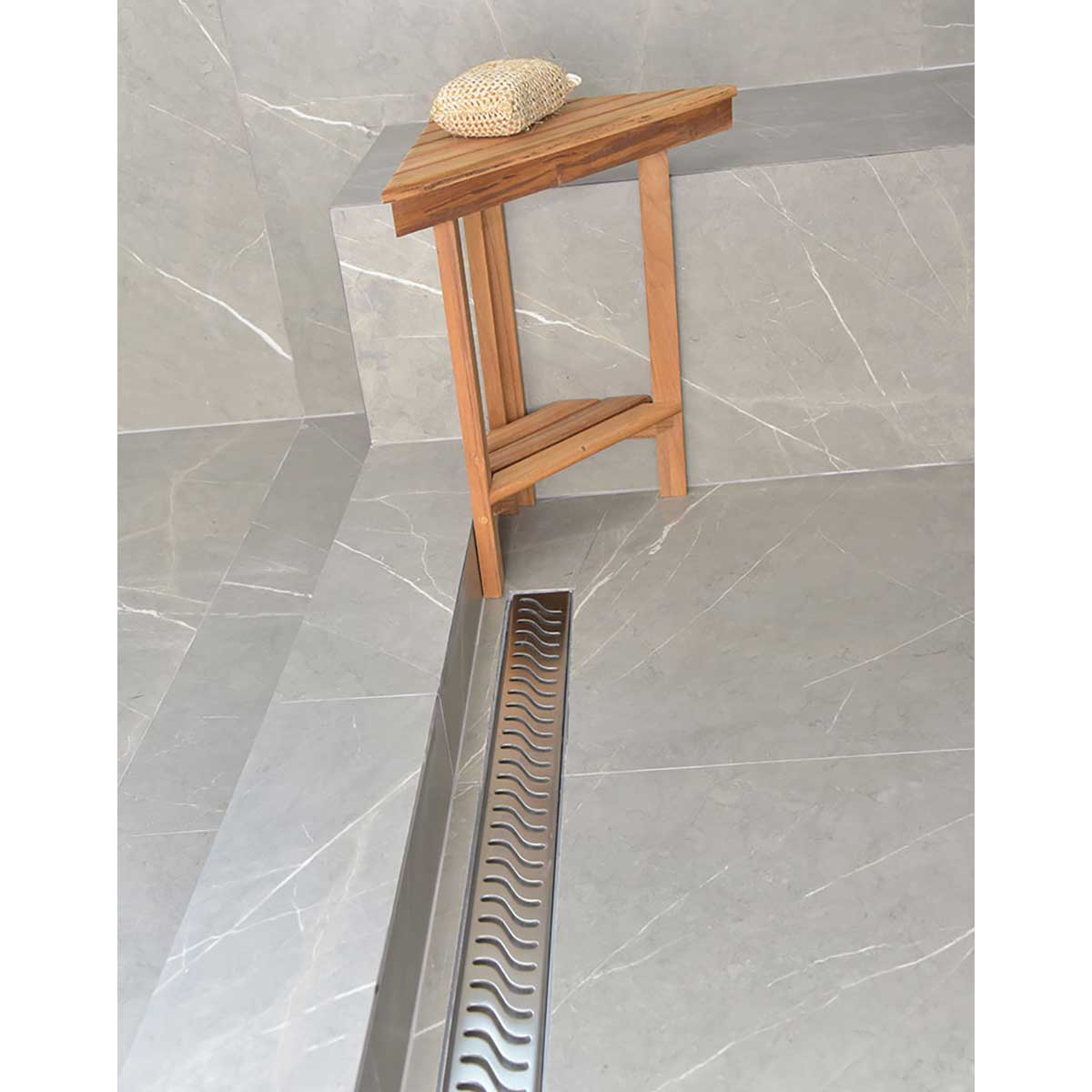SereneDrains Linear Shower Drain Offset Outlet Ocean Wave - Brushed 59