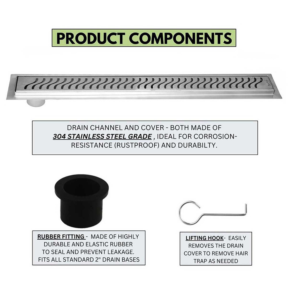 SereneDrains Linear Shower Drain Offset Outlet Ocean Wave - Brushed 35