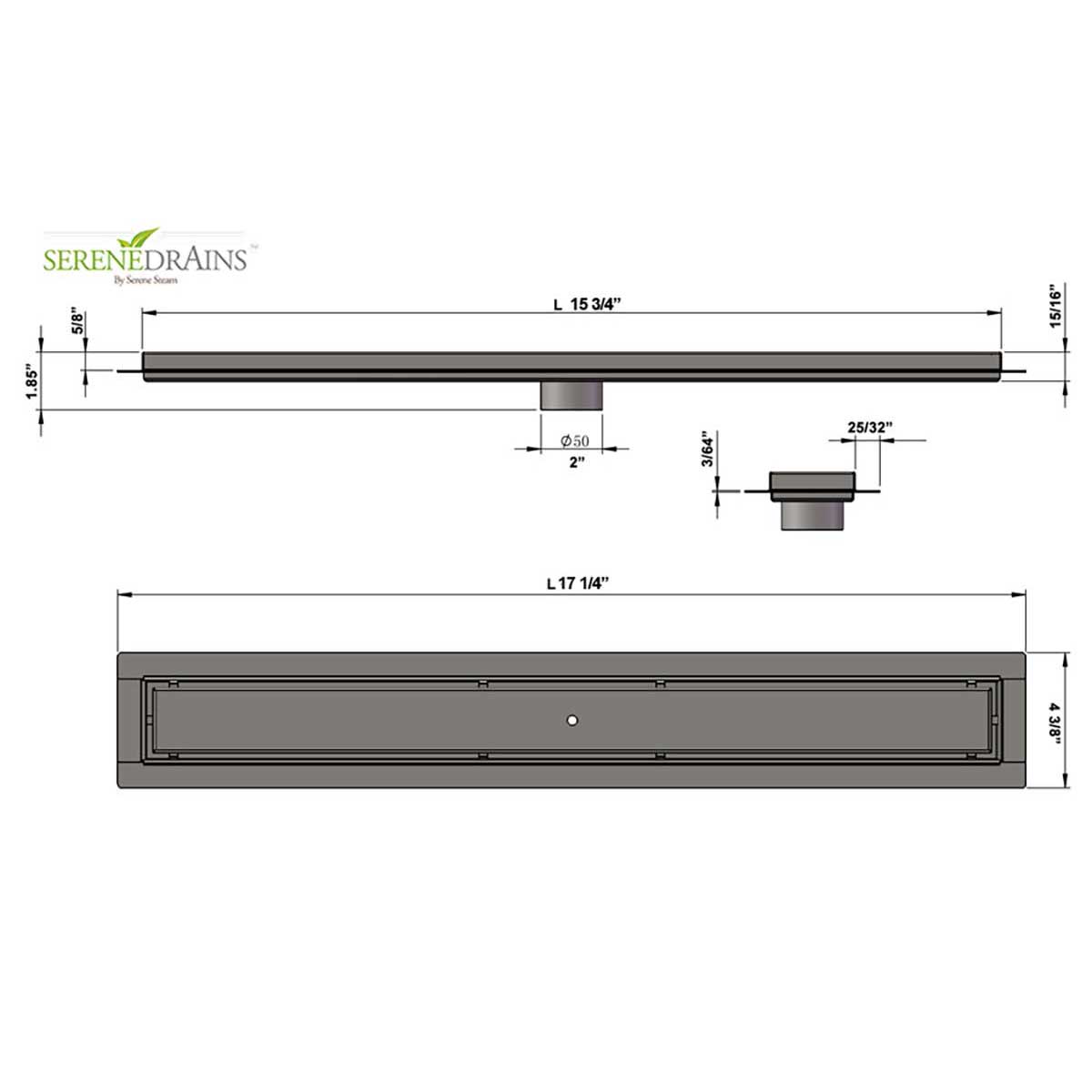 Measurement chart of a drain with Serene Drains branding on a white background