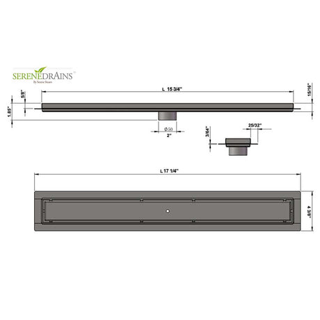 Measurement chart of a drain with Serene Drains branding on a white background