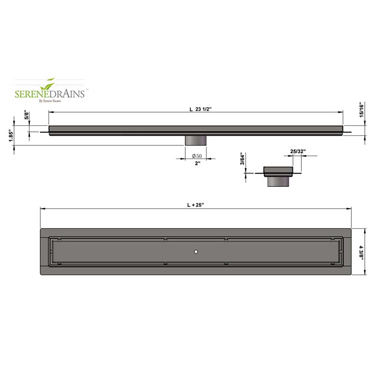 Technical drawing of a drain with dimensions labeled, featuring the Seren Drains logo.