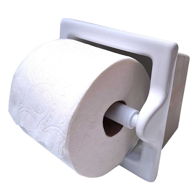 SereneDrains Ceramic Recessed Toilet Paper Holder White Glossy Extended Extra Large with Bathroom Tissue Roll