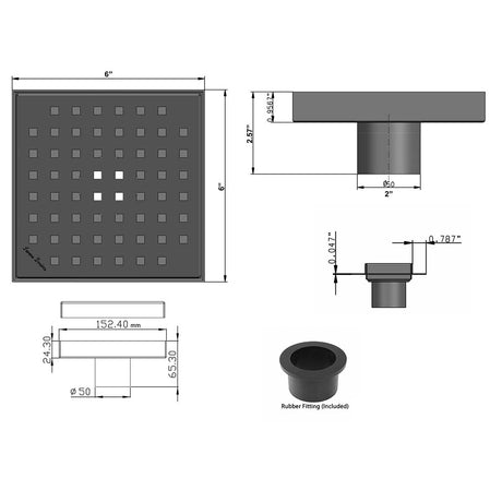Technical drawing of a shower drain with dimensions and rubber fitting included