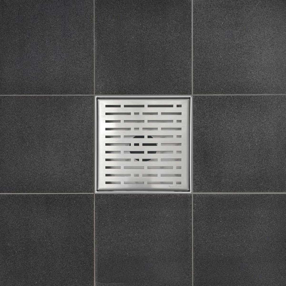 SereneDrains Wow Drain TM Side Discharge Outlet with 4 Inch Square Shower Drain Horizontal Low Profile