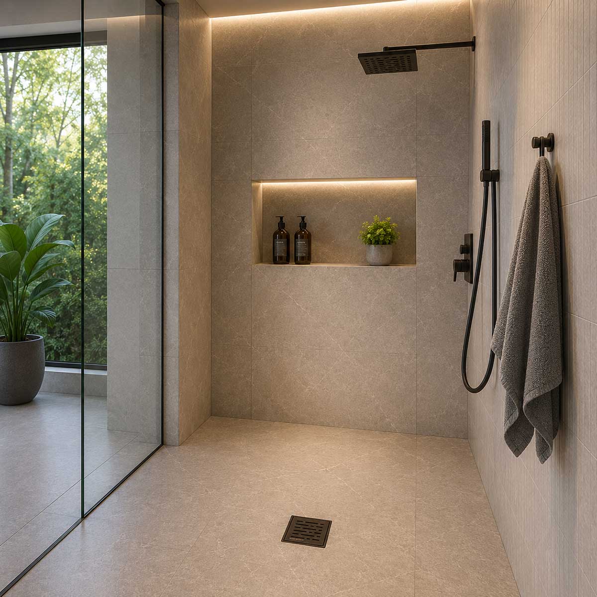 SereneDrains 4 Inch Broken Lane Oil Rubbed Bronze Shower Drain Installed