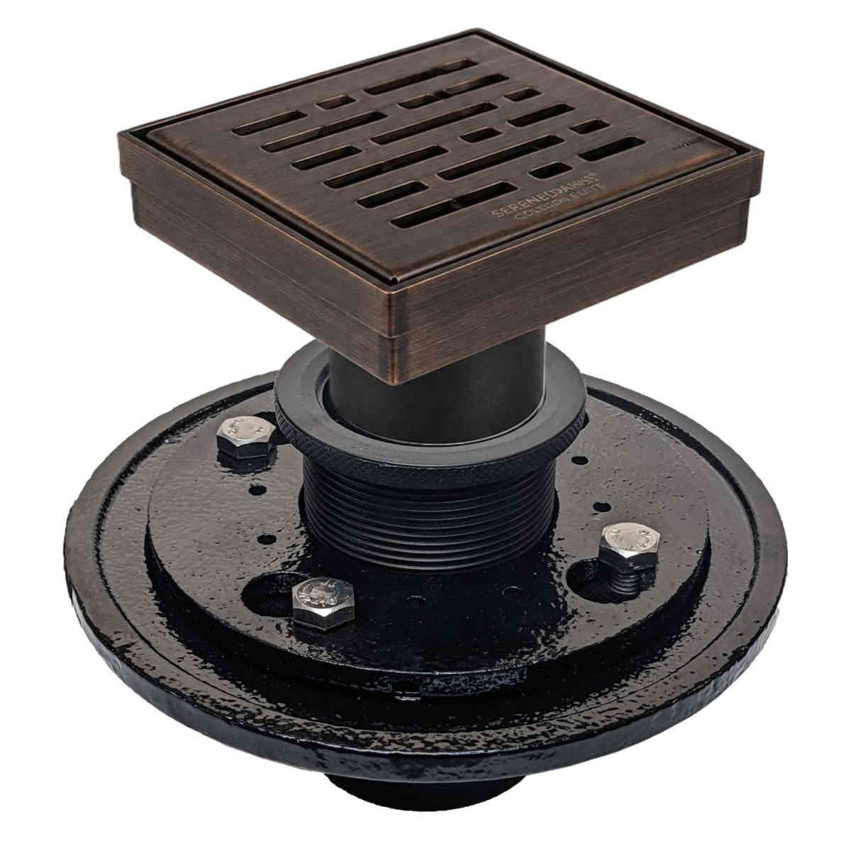 4 inch square broken lane shower drain kit in Oil Rubbed Bronze with cast iron drain