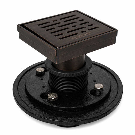 SereneDrains 4 inch square broken lane shower drain kit in Oil Rubbed Bronze with cast iron drain