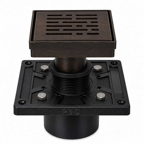 SereneDrains 4 inch square broken lane shower drain kit in Oil Rubbed Bronze with square PVC drain