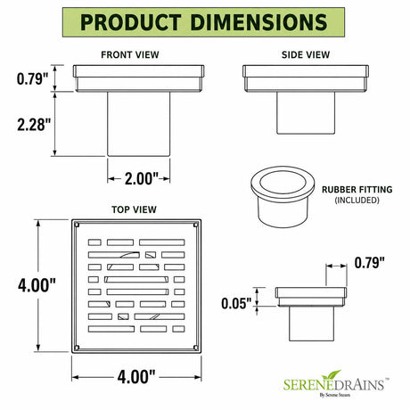 4x4 square shower drain dimensions with 2 inch outlet and rubber fitting