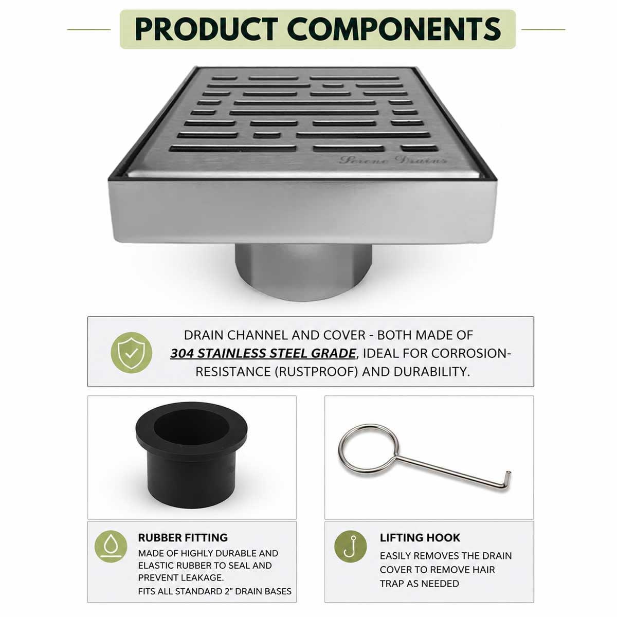 SereneDrains Broken Lane 4 inch Brushed Nickel shower drain product components