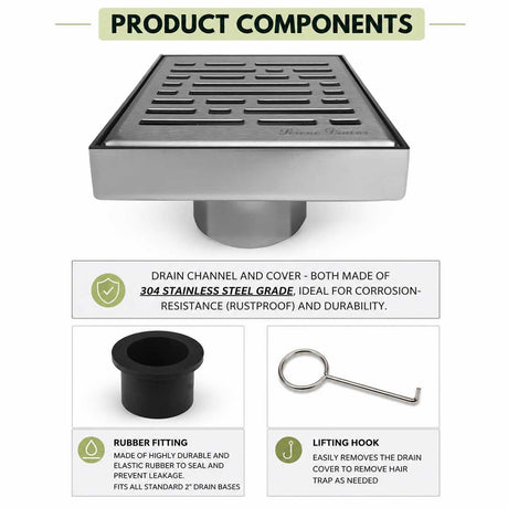 SereneDrains Broken Lane 4 inch Brushed Nickel shower drain product components