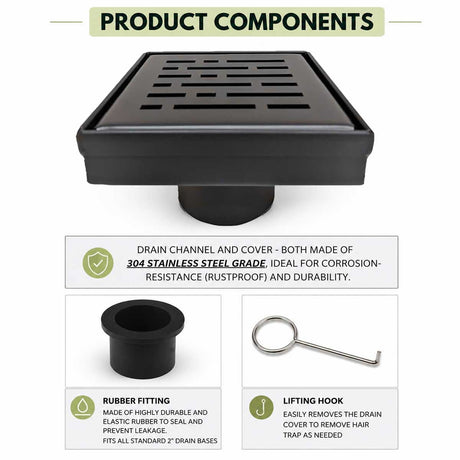 SereneDrains Broken Lane 4 inch Matte Black shower drain product components
