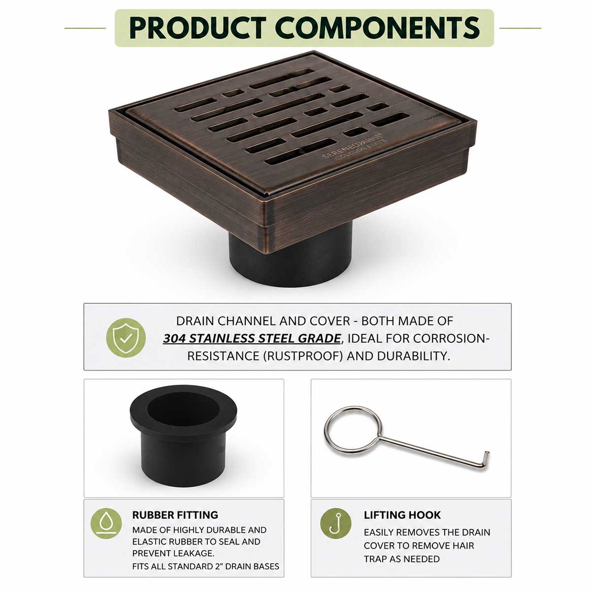 SereneDrains Broken Lane 4 inch Oil Rubbed Bronze shower drain product components