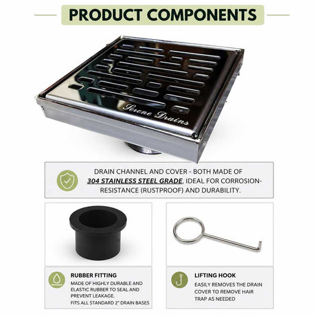 SereneDrains Broken Lane 4 inch Polished Chrome shower drain product components