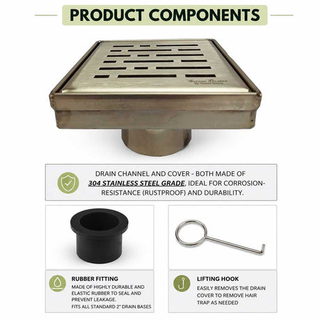 SereneDrains Broken Lane 4 inch Satin Gold shower drain product components