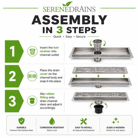 SereneDrains Broken Lane linear shower drain assembly in 3 steps