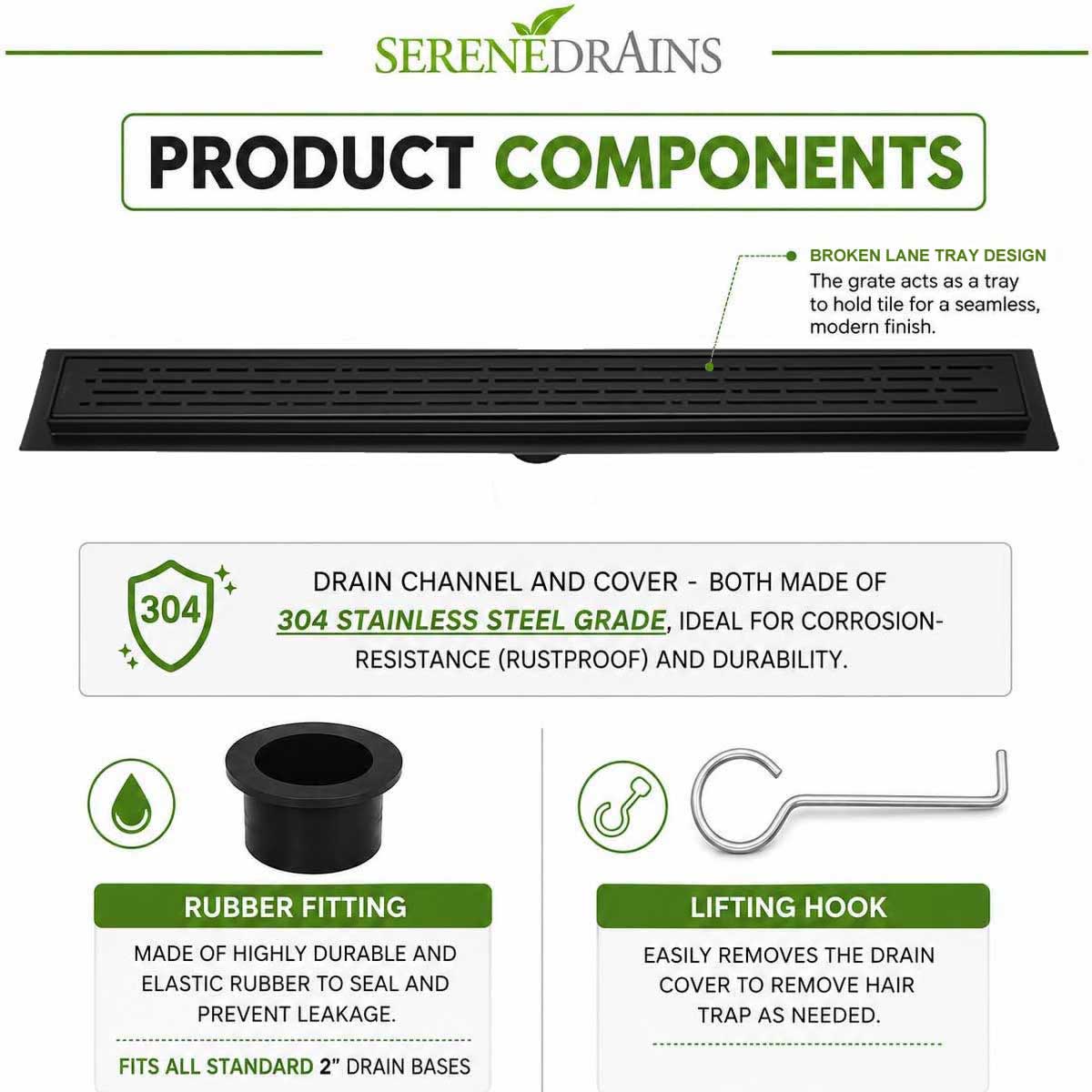 SereneDrains Matte Black Broken Lane linear shower drain product components