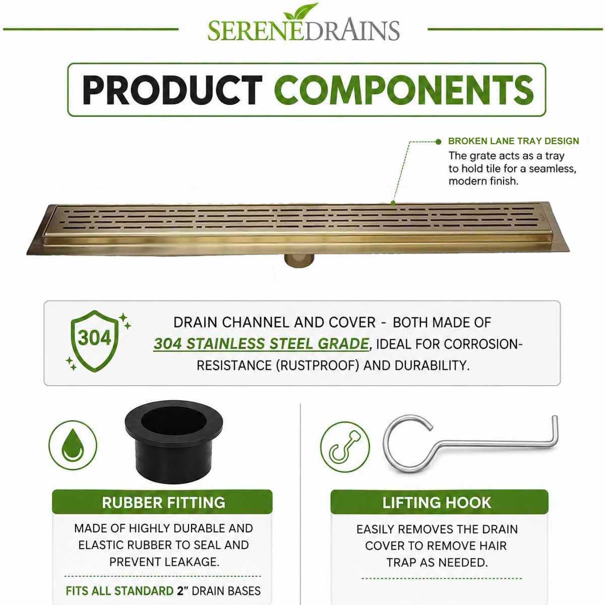 SereneDrains Matte Gold Broken Lane linear shower drain product components