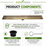 SereneDrains Matte Gold Broken Lane linear shower drain product components