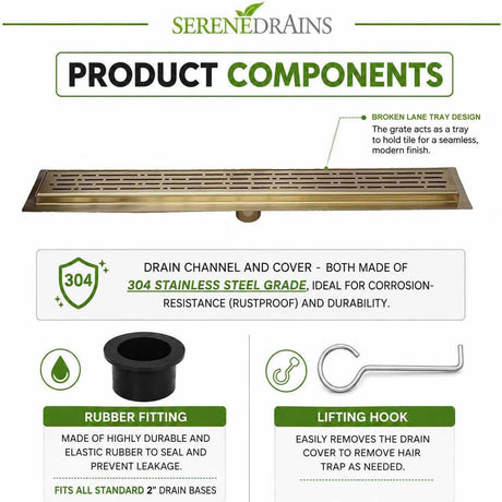 SereneDrains Matte Gold Broken Lane linear shower drain product components