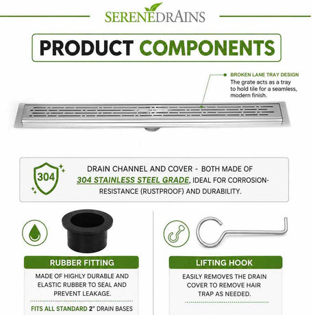 SereneDrains Polished Broken Lane linear shower drain product components