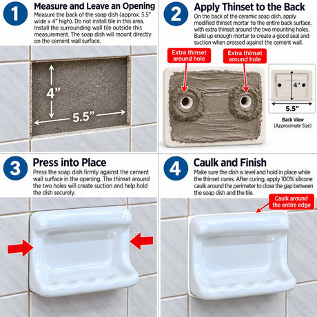 SereneDrains ceramic soap dish installation guide with thinset applied around mounting holes