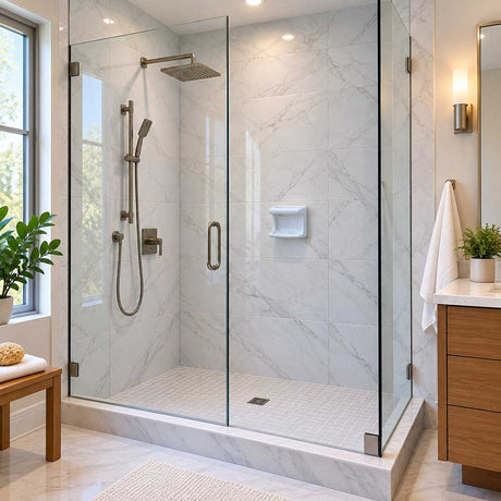 SereneDrains ceramic wash cloth soap dish installed in a modern tiled shower