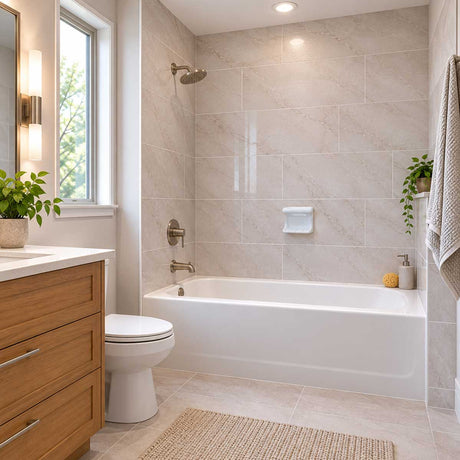 SereneDrains ceramic wash cloth soap dish installed above a bathtub in a tiled bathroom