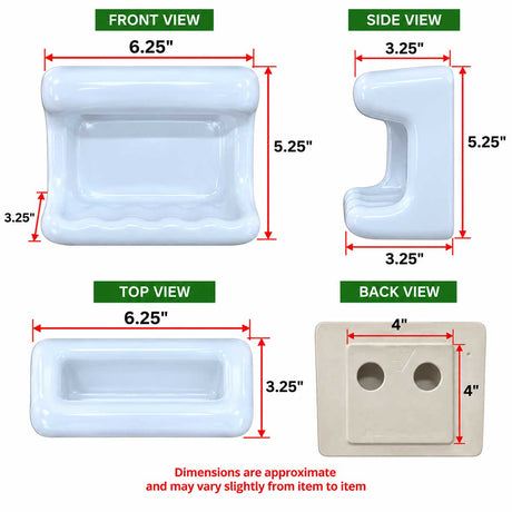 SereneDrains ceramic wash cloth soap dish dimensions and front side top back views