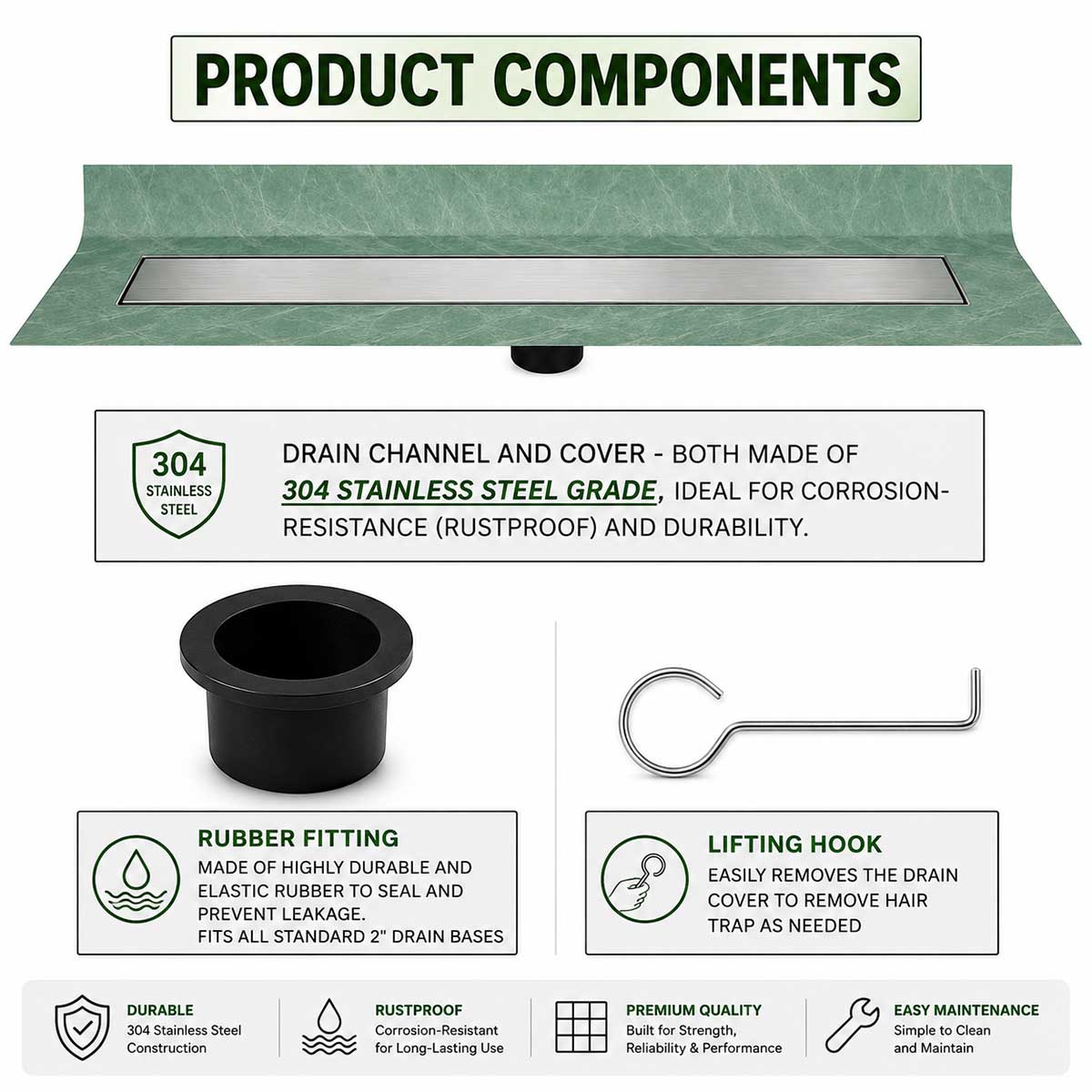 SereneDrains Invisible Drain product components with 304 stainless steel drain channel, rubber fitting and lifting hook