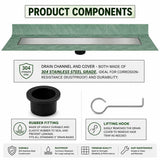 SereneDrains Invisible Drain product components with 304 stainless steel drain channel, rubber fitting and lifting hook