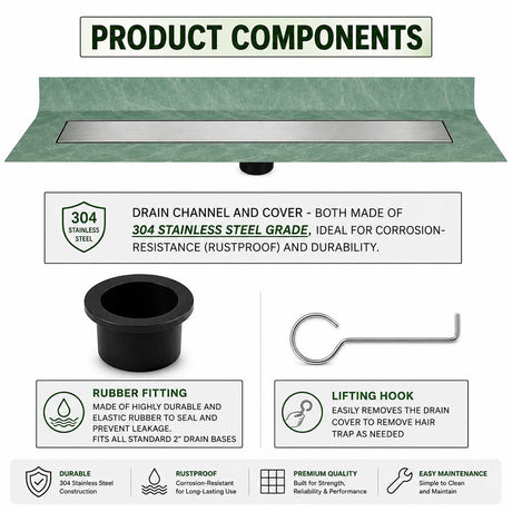 SereneDrains Invisible Drain product components with 304 stainless steel drain channel, rubber fitting and lifting hook
