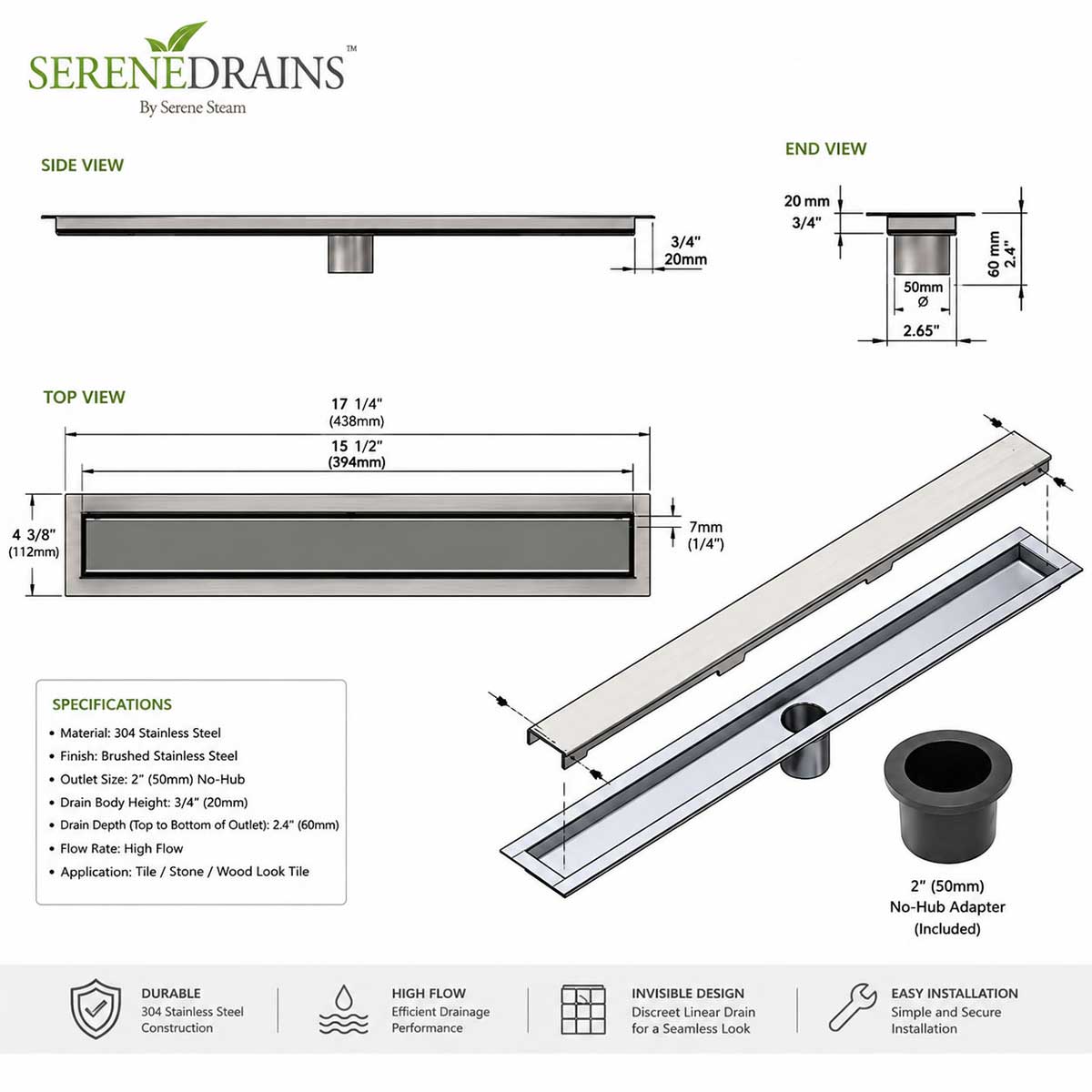 Invisible Linear Shower Drain Technical Drawing with Dimensions 16 inch