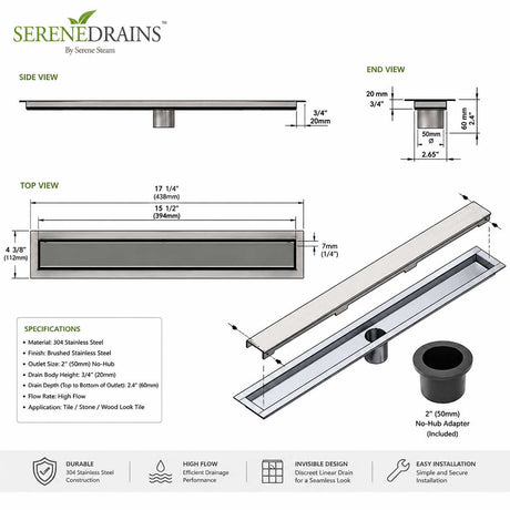 Invisible Linear Shower Drain Technical Drawing with Dimensions 16 inch