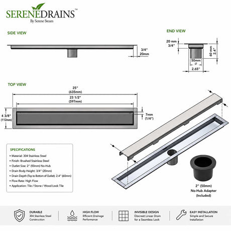 Invisible Linear Shower Drain Technical Drawing with Dimensions 24 inch