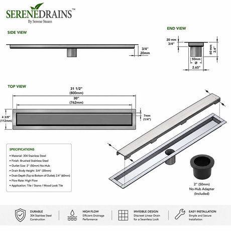 Invisible Linear Shower Drain Technical Drawing with Dimensions 30 inch