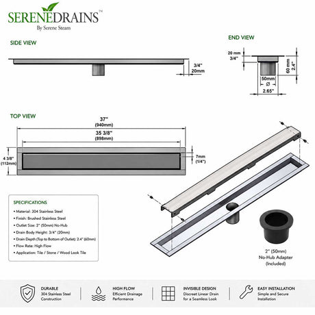 Invisible Linear Shower Drain Technical Drawing with Dimensions 35 inch