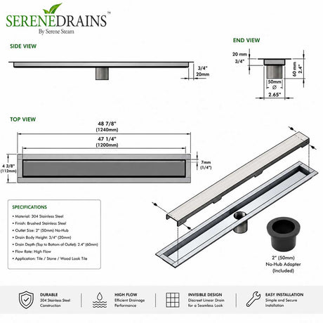 Invisible Linear Shower Drain Technical Drawing with Dimensions 47 inch