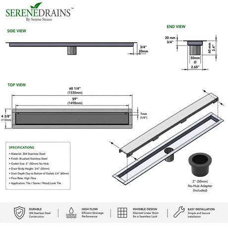 Invisible Linear Shower Drain Technical Drawing with Dimensions 59 inch